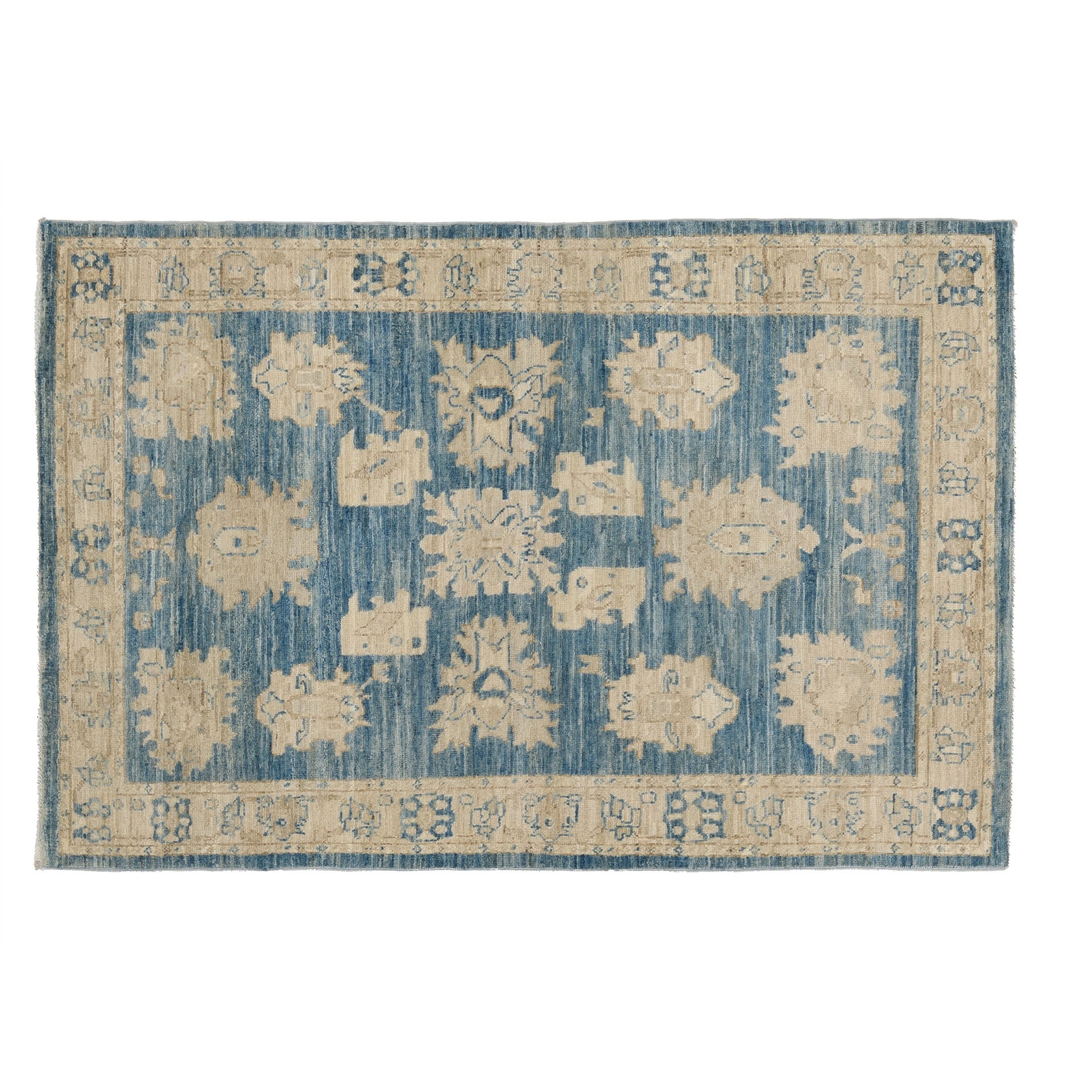 Denim blue 4x6 Oushak accent rug with strié texture, oatmeal floral cartouches, and chestnut accents.