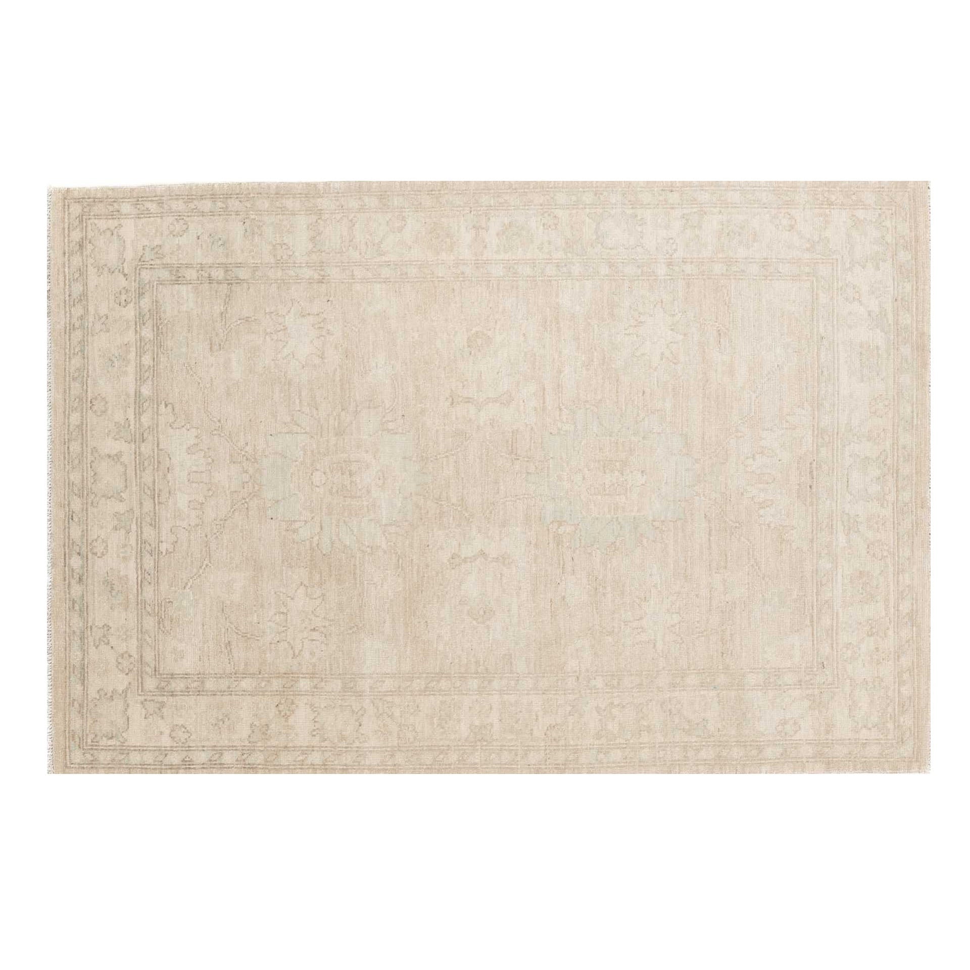 Ultra-muted beige 4x6 Oushak area rug with soft oatmeal and cream floral medallions and a distressed border.