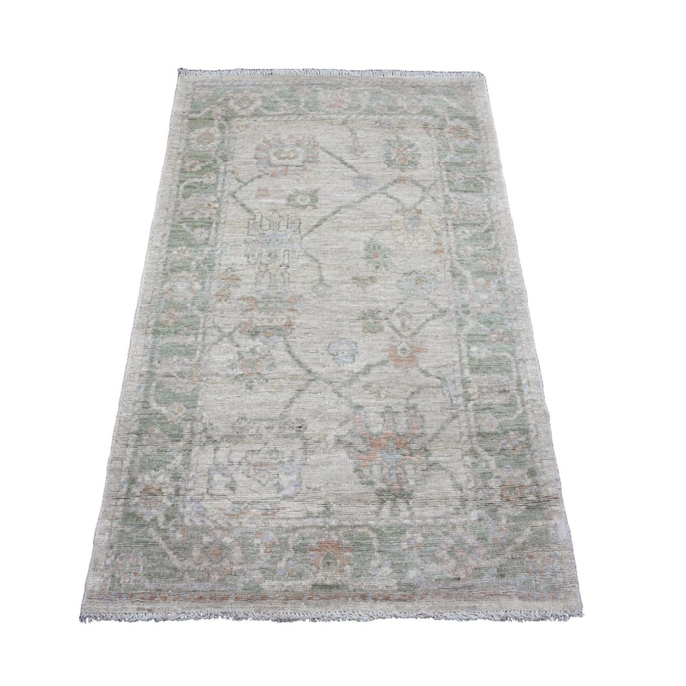 Oatmeal beige 3x5 Oushak accent rug with a sage green border and coral floral motifs.