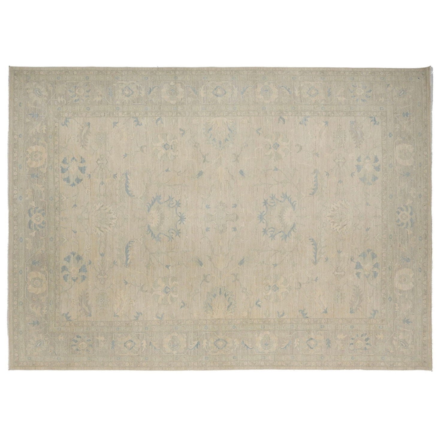 Muted beige and gray 10x14 Chobi area rug with soft sea foam blue floral motifs.