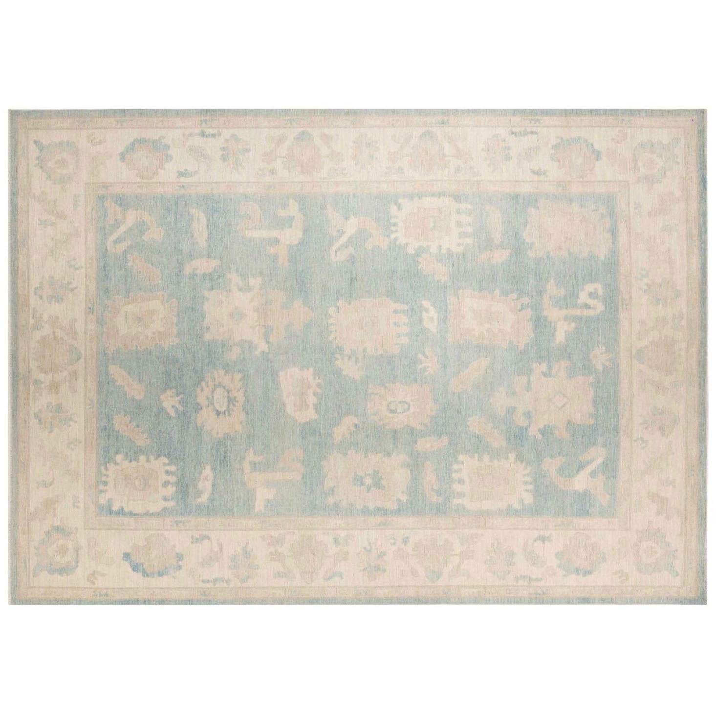 Large aqua blue 10x14 Oushak area rug with cream and sand beige floral medallions.