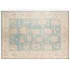 Large aqua blue 10x14 Oushak area rug with cream and sand beige floral medallions.