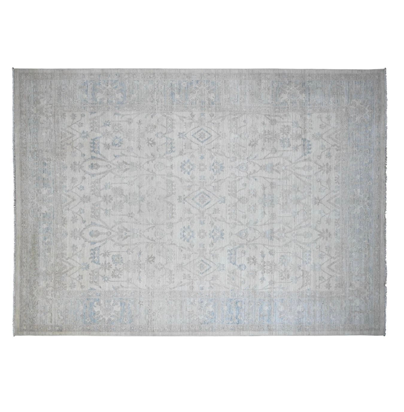 Ultra-muted cream and tan 10x14 Oushak area rug with soft blue geometric and floral motifs.