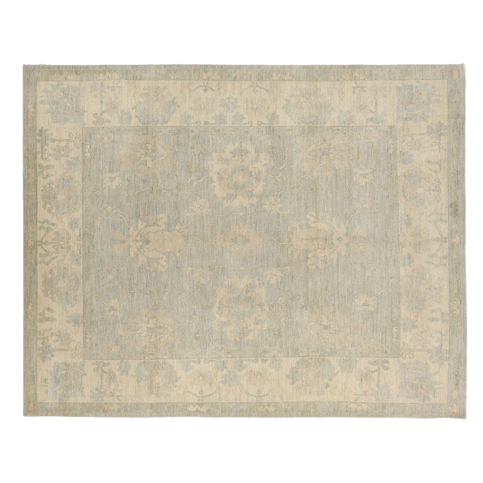 Soft light blue 8x10 Oushak area rug with cream floral medallions and a broad cream border.