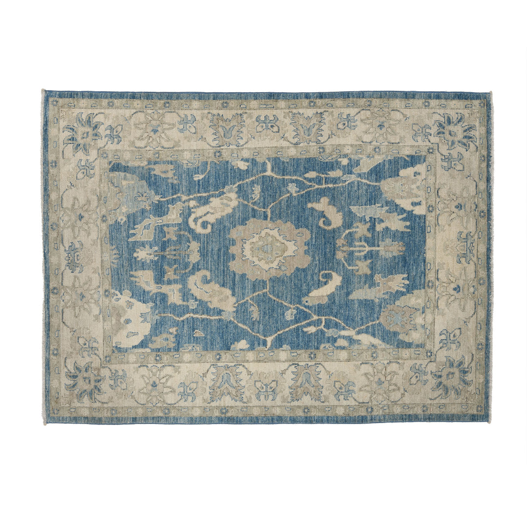 Rich dark blue 5x7 Oushak area rug with cream central medallion and khaki floral accents.