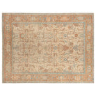 Hand-knotted 9x12 Serapi area rug with a vintage botanical pattern in terracotta rust and soft light blue.