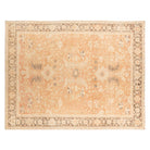 Warm coral-terracotta 9x12 Serapi area rug with cream floral motifs and a deep espresso brown border.