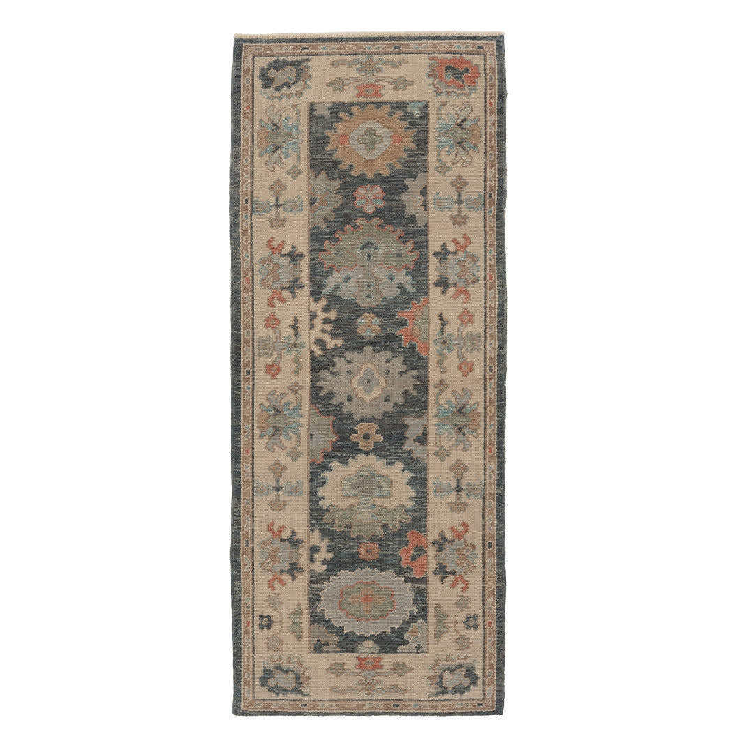 Deep navy 2.5x8 Oushak runner rug with beige and terracotta scalloped medallions framed by a warm beige border.