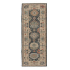 Deep navy 2.5x8 Oushak runner rug with beige and terracotta scalloped medallions framed by a warm beige border.