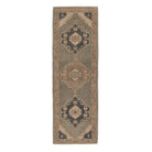 Sage green 2.5x8 Oushak runner rug with three stepped navy and brown diamond medallions framed by a terracotta geometric border.