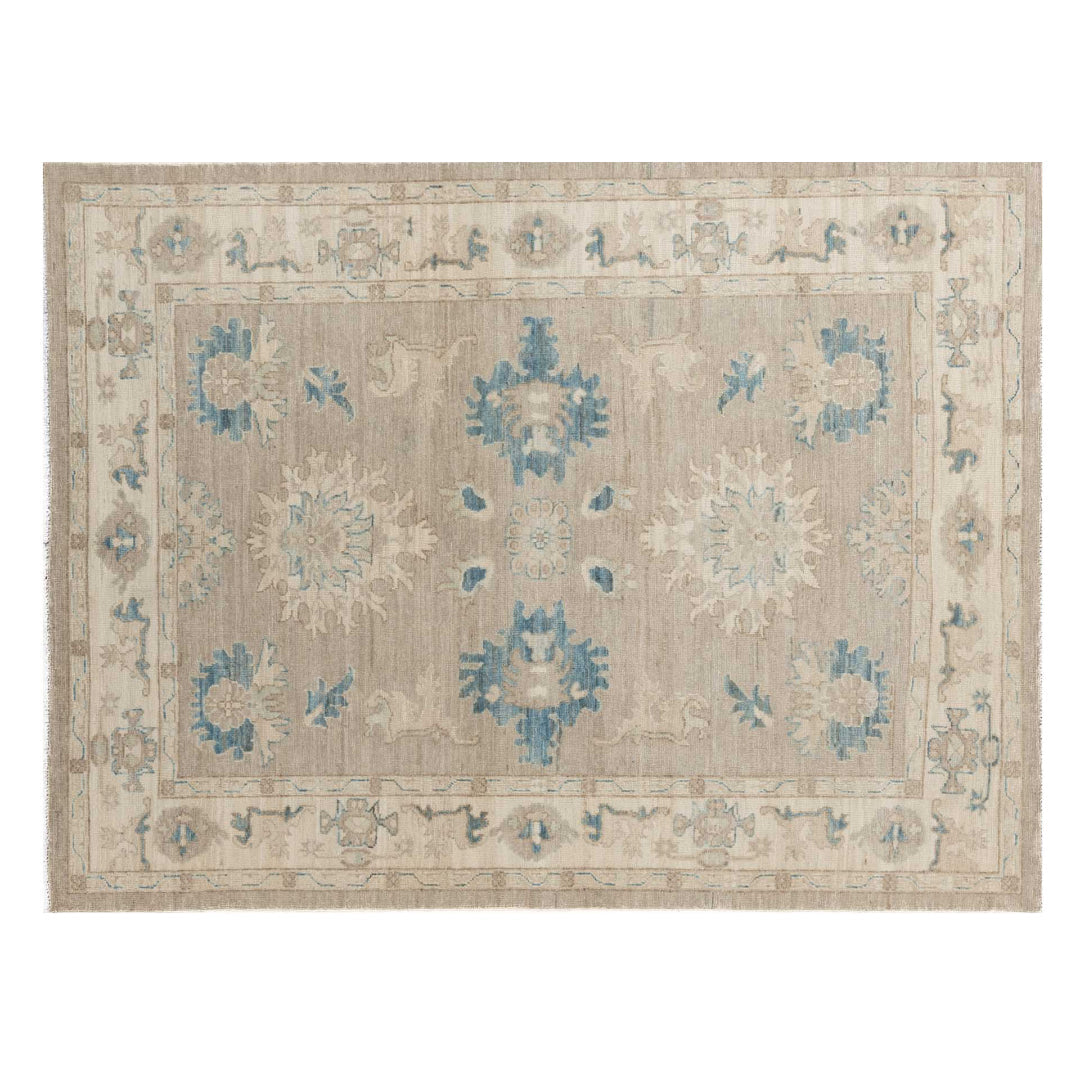 Camel tan 4x6 Oushak area rug with ivory floral star medallions, dark blue palmettes, and an ivory border.