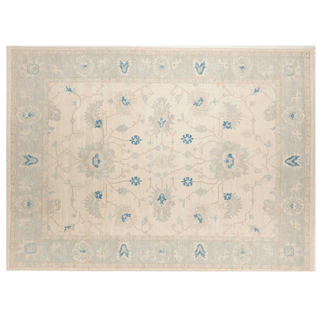 Hand-knotted 9x12 Oushak area rug with a bright cream center field, soft ice blue border, and medium blue details.