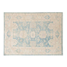 Medium blue 5x7 Oushak area rug with beige central medallion and warm camel vine scrollwork.