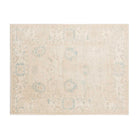 Ultra-faded french vanilla 4x6 Oushak area rug with delicate sky blue floral cartouches and a soft cream border.