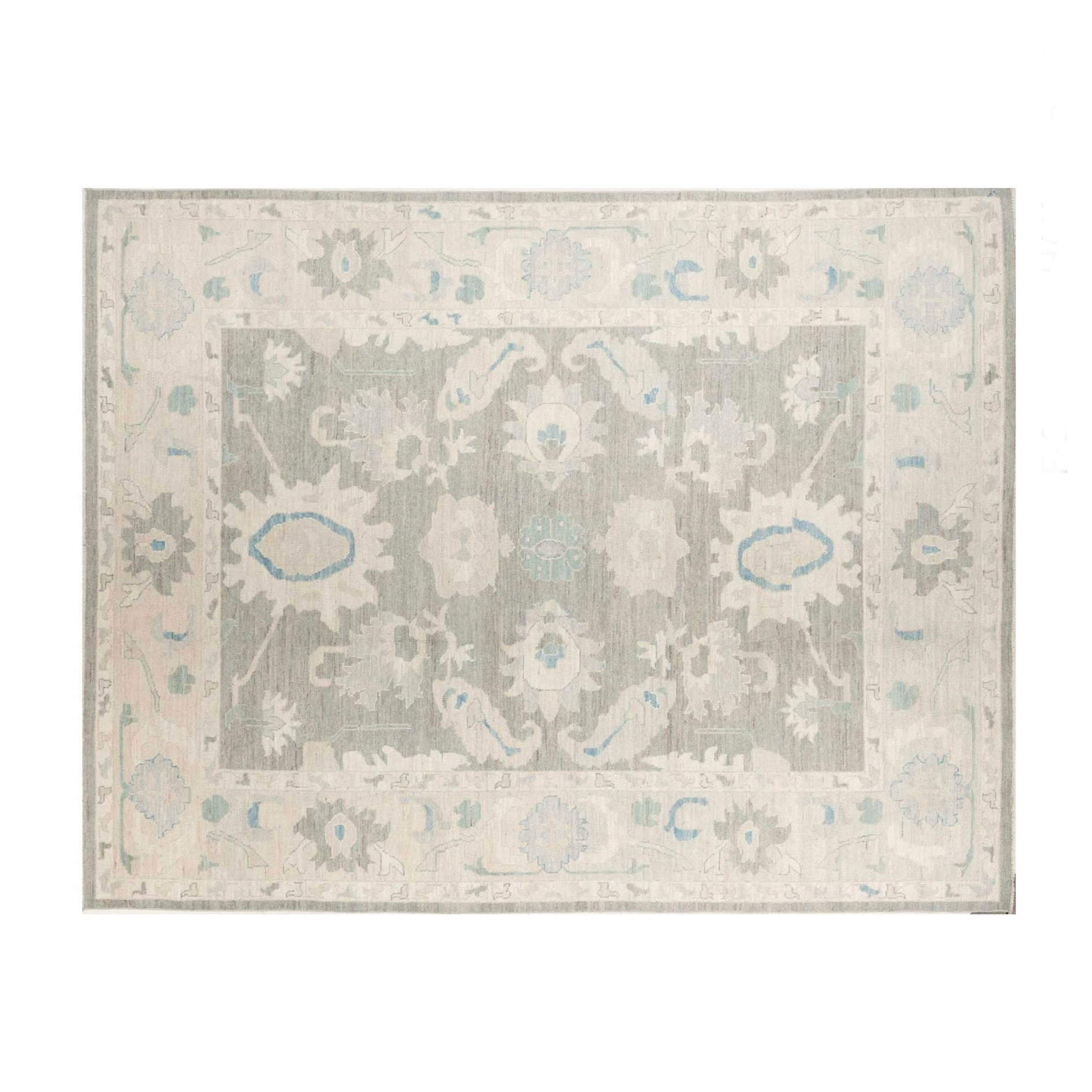 Slate grey 9x12 Oushak area rug with cream floral palmettes and soft blue accents.