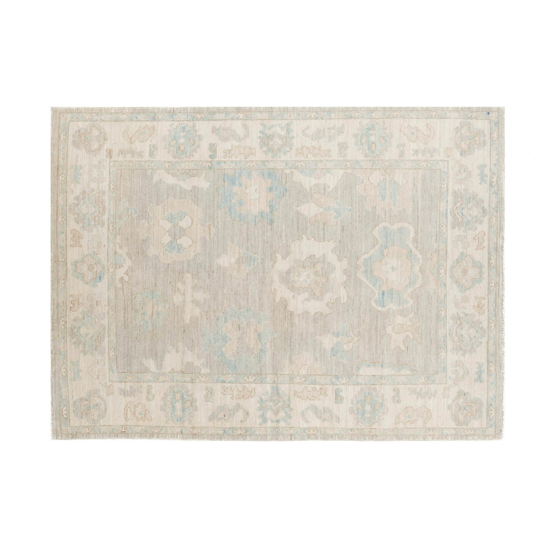 Soft gray 5x7 Oushak area rug with pale blue and ivory floral medallions and a distressed border.