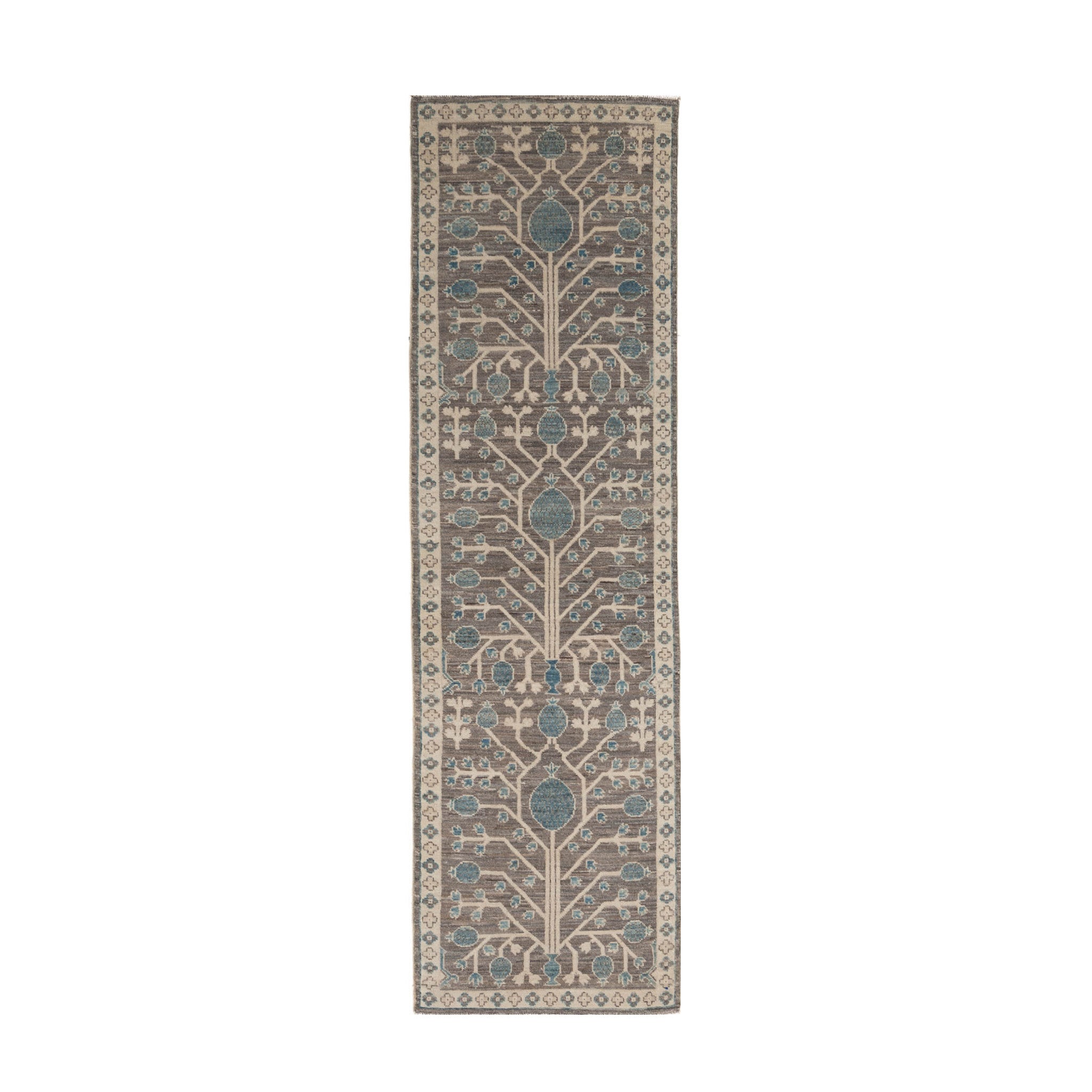 Earthy brown traditional Oushak runner rug displaying a geometric blue and beige tree of life motif with a cream border.