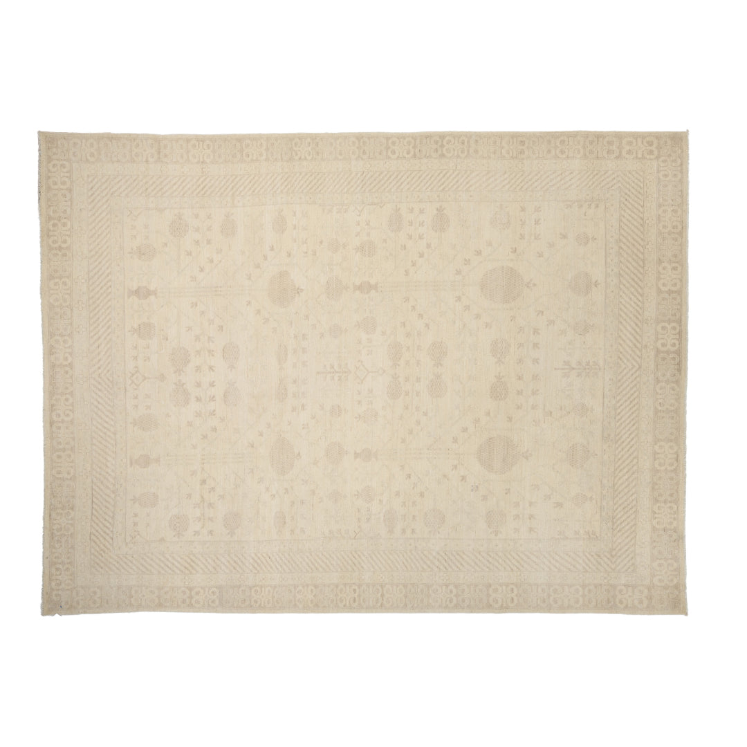 Tone-on-tone sand 10x14 Oushak area rug with warm oatmeal floral motifs and subtle taupe accents.