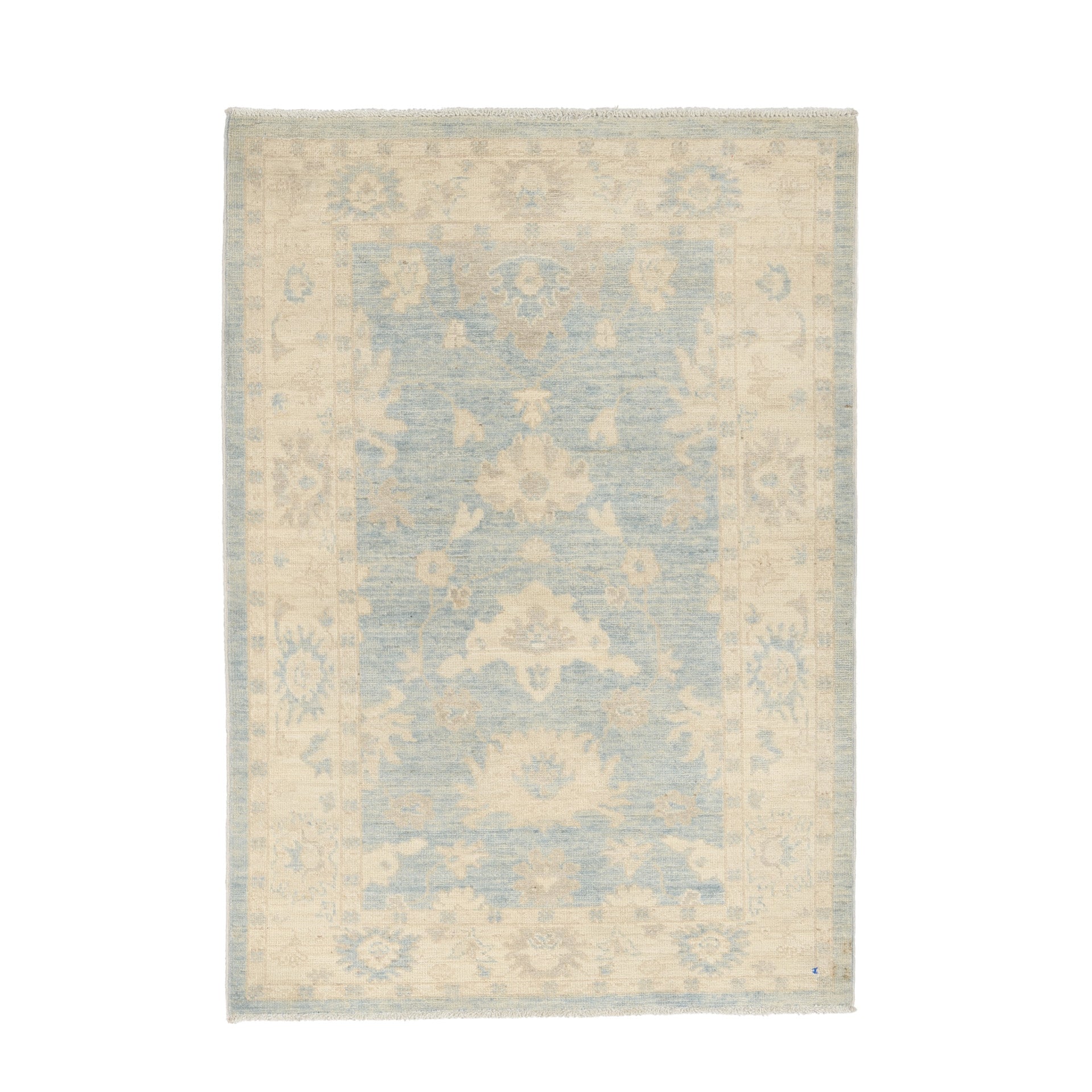Soft light blue 3x5 Oushak area rug with a muted beige and ivory floral pattern, cream borders, and a distressed low pile finish.