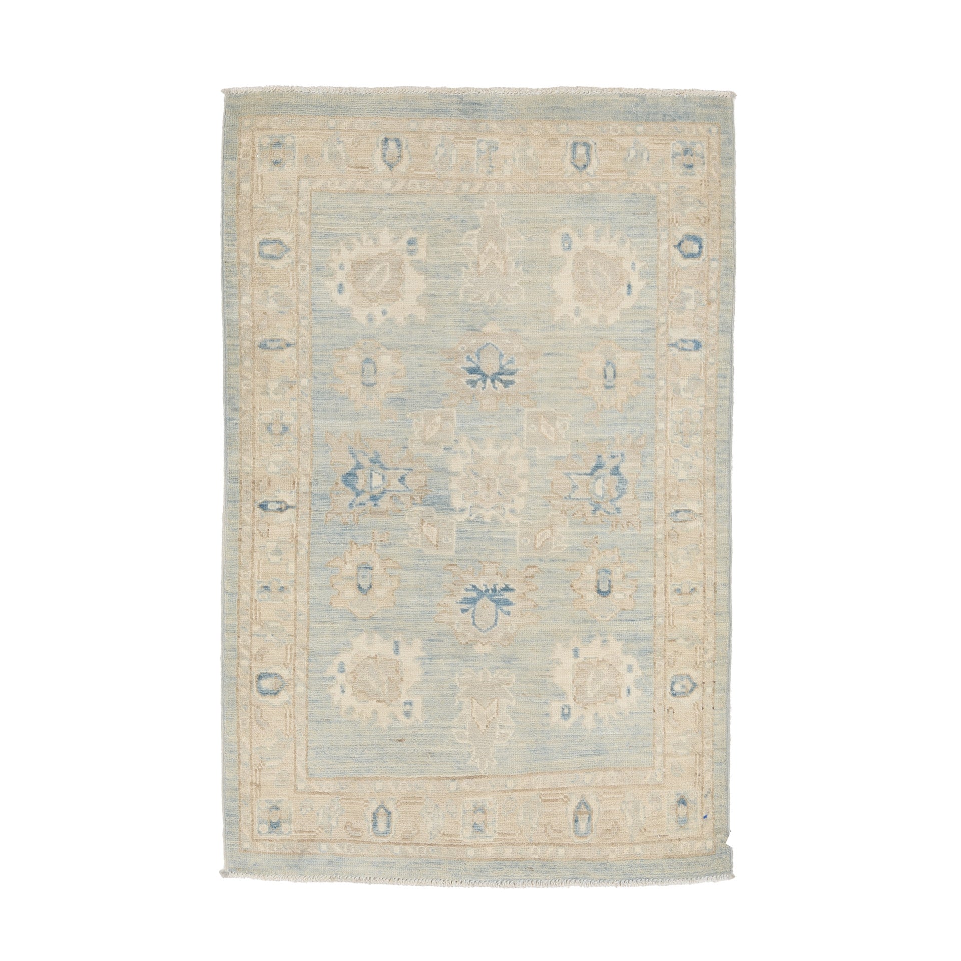 Weathered aqua blue 3x5 Oushak area rug with muted ivory and beige floral medallions and a distressed sand border.