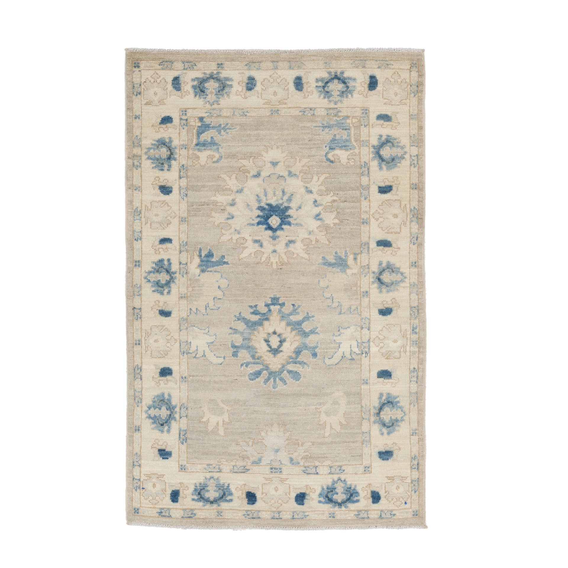 Traditional khaki 3x5 Oushak area rug with prominent blue and ivory geometric star medallions and a cream border.