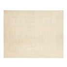 Ultra-faded ivory and cream 9x12 Oushak area rug with delicate light blue geometric tree motifs.