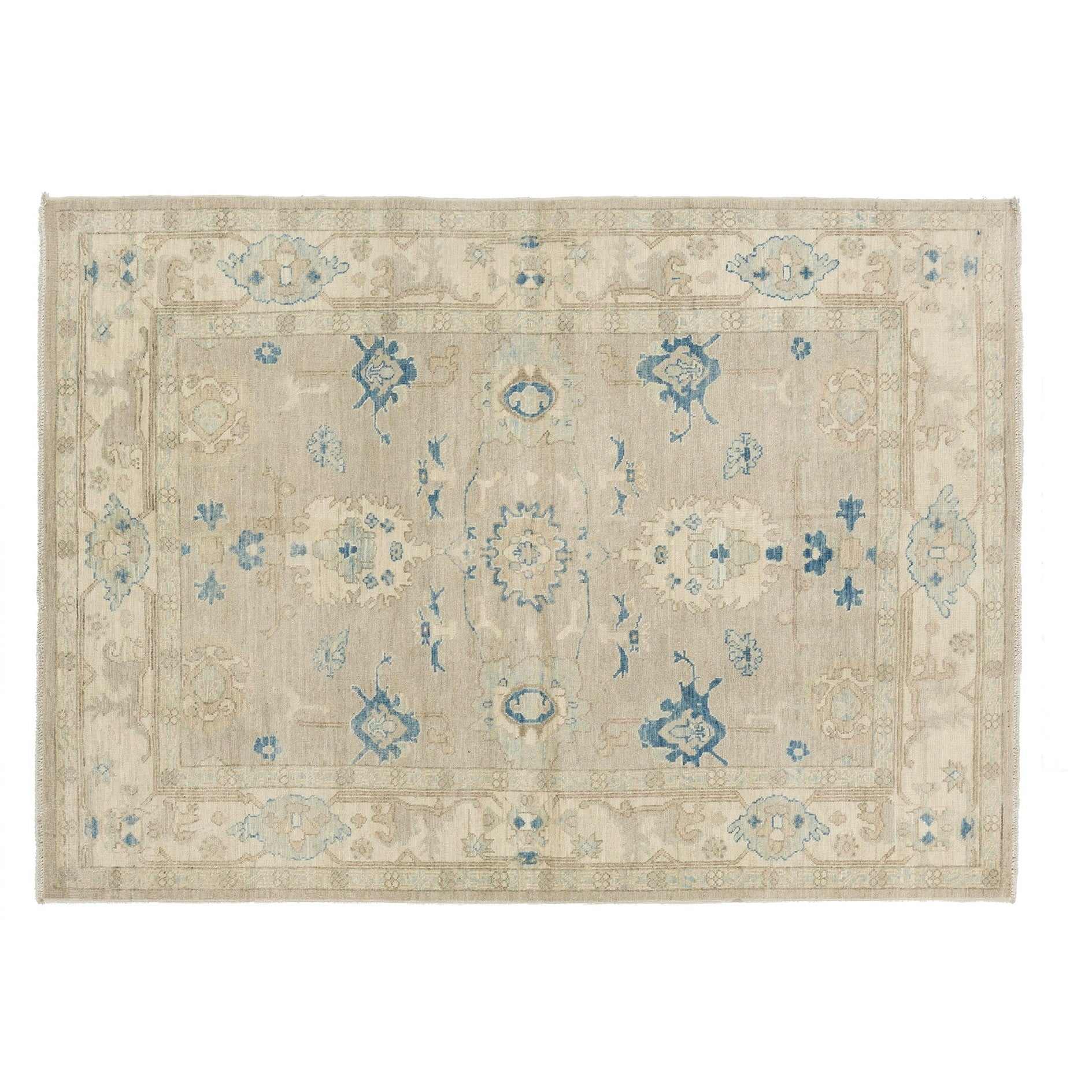 Muted deep taupe 5x7 Oushak area rug with cream floral medallions and dark blue accents.