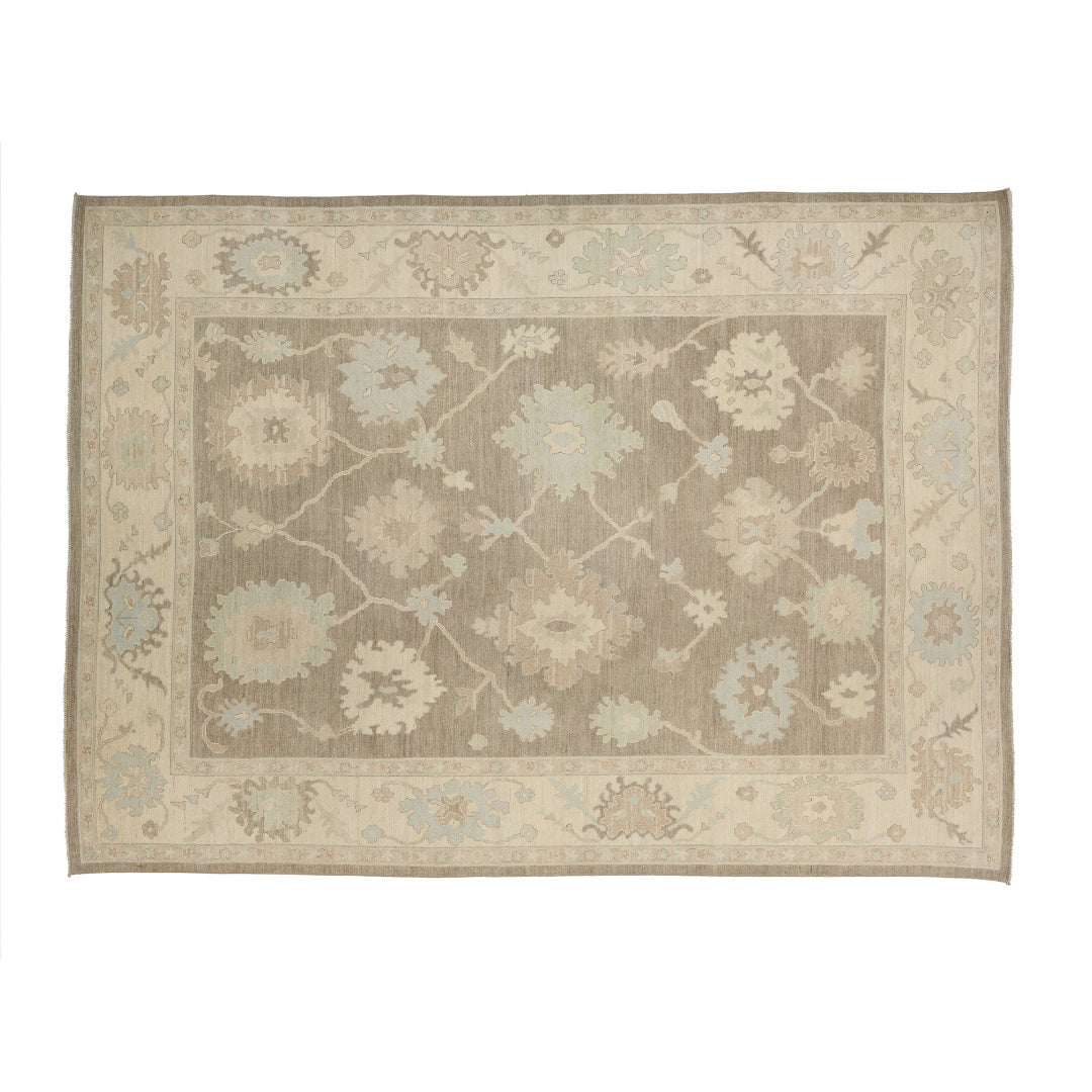 Taupe brown 10x14 Oushak area rug with light blue and ivory lattice floral medallions.