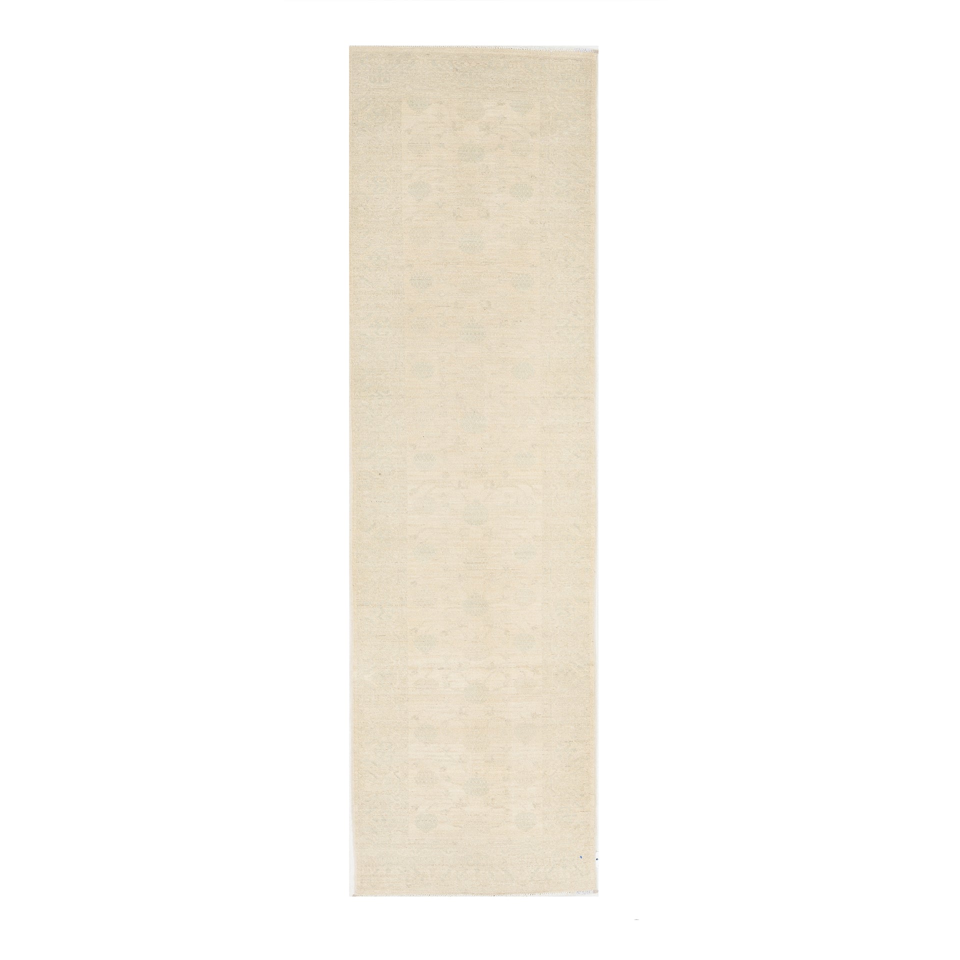 Soft french vanilla cream traditional Oushak runner rug with subtle pale blue floral motifs and a distressed low pile finish.