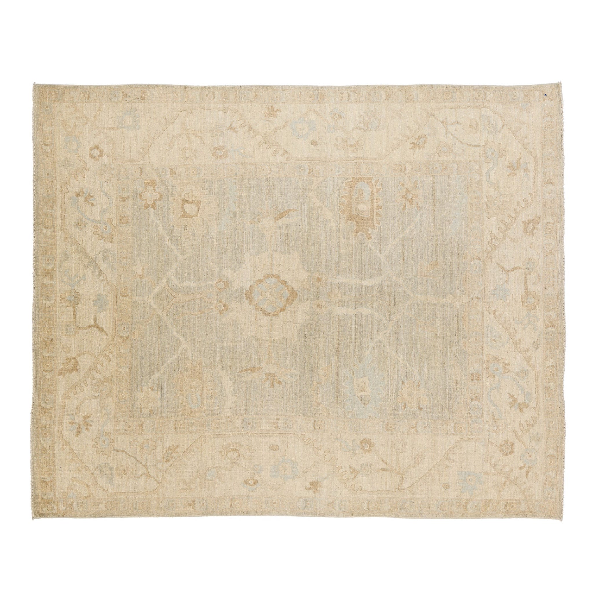 Soft light blue-grey 8x10 Oushak area rug with light cream floral motifs and a broad cream border.