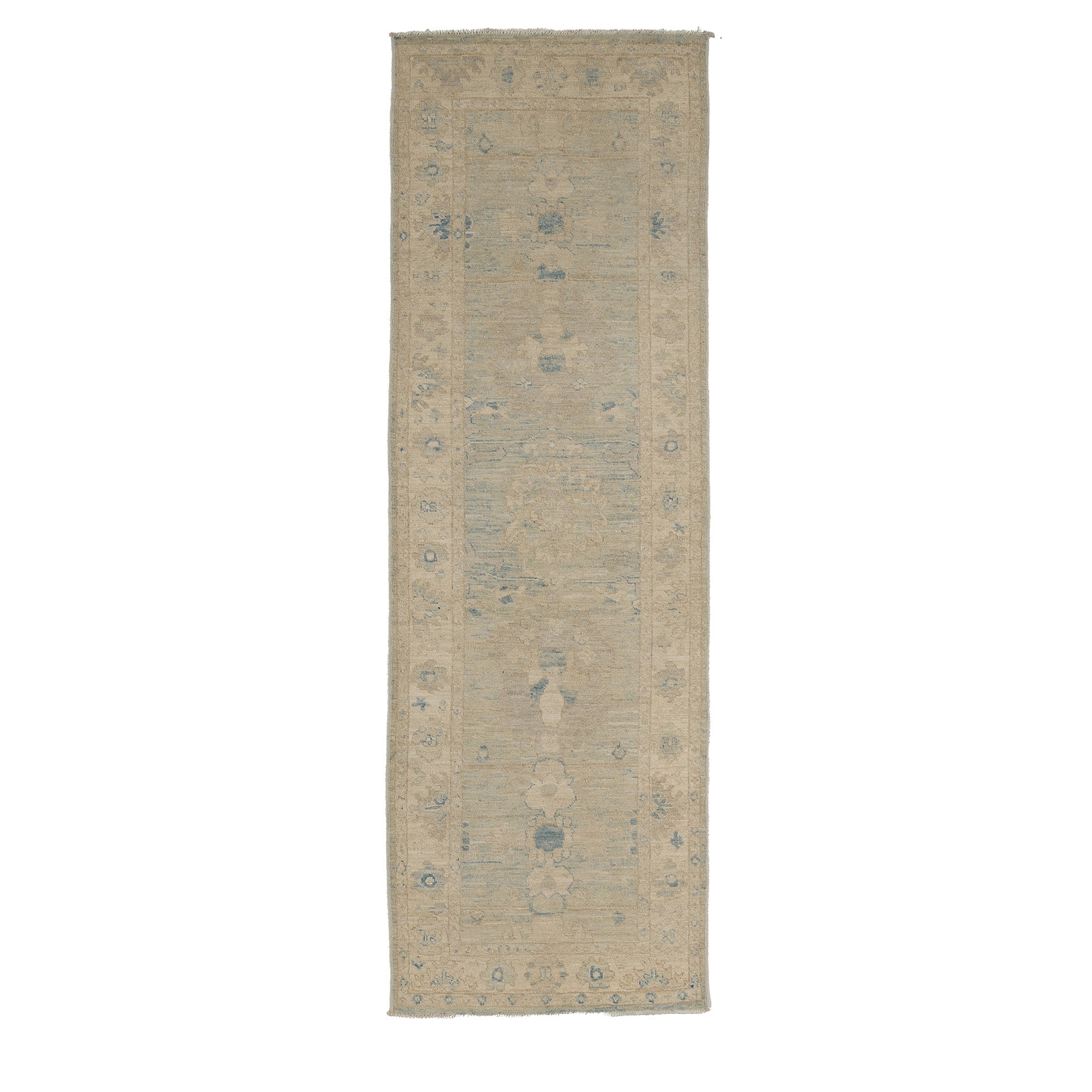 Soft light blue and ivory traditional Oushak runner rug with a heavily distressed, muted medallion pattern and low pile finish.