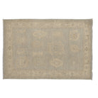 Ultra-faded pale blue 4x6 Oushak area rug with cream and beige floating geometric medallions.