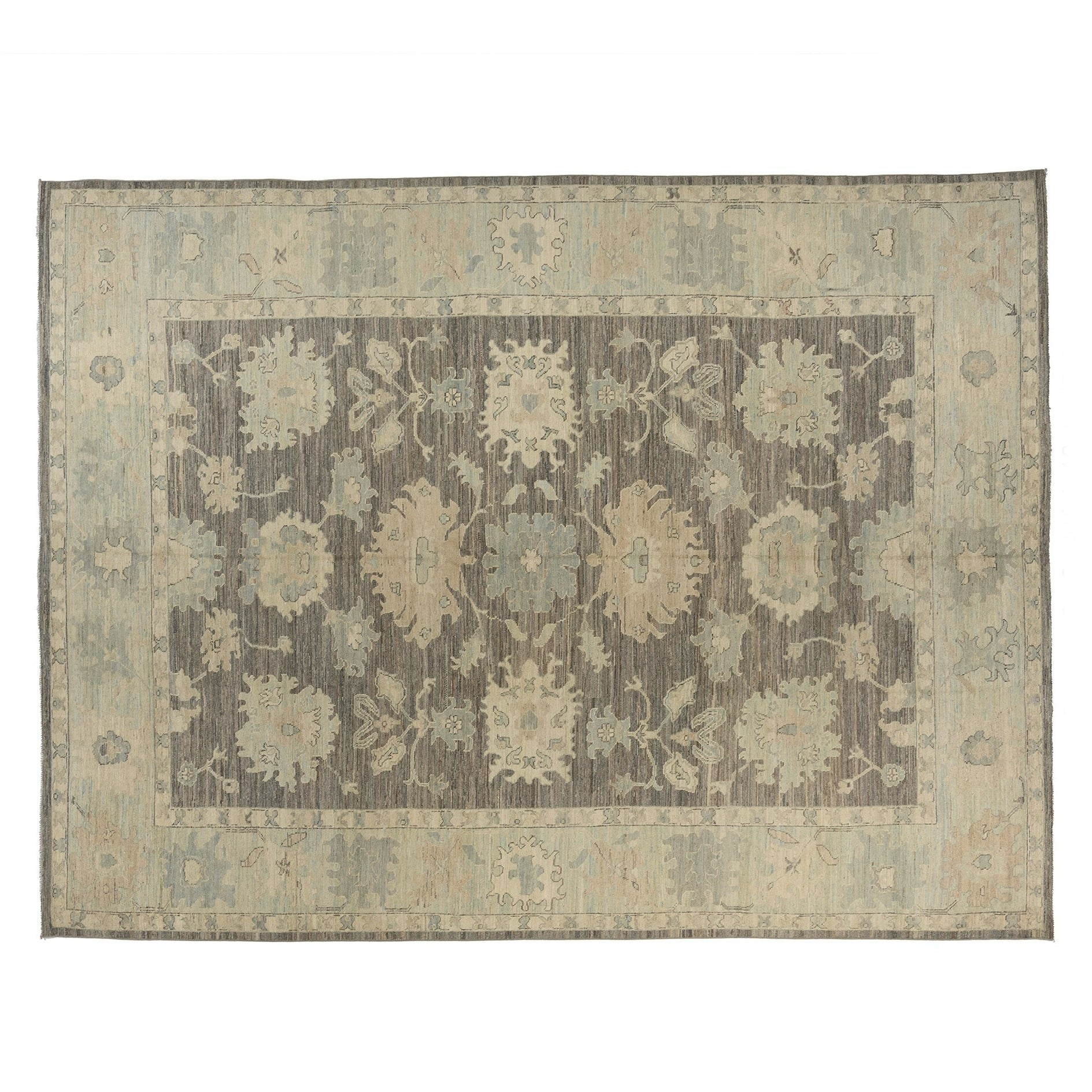 Deep earthy brown 10x14 Oushak area rug with taupe palmettes and a seamist green border.