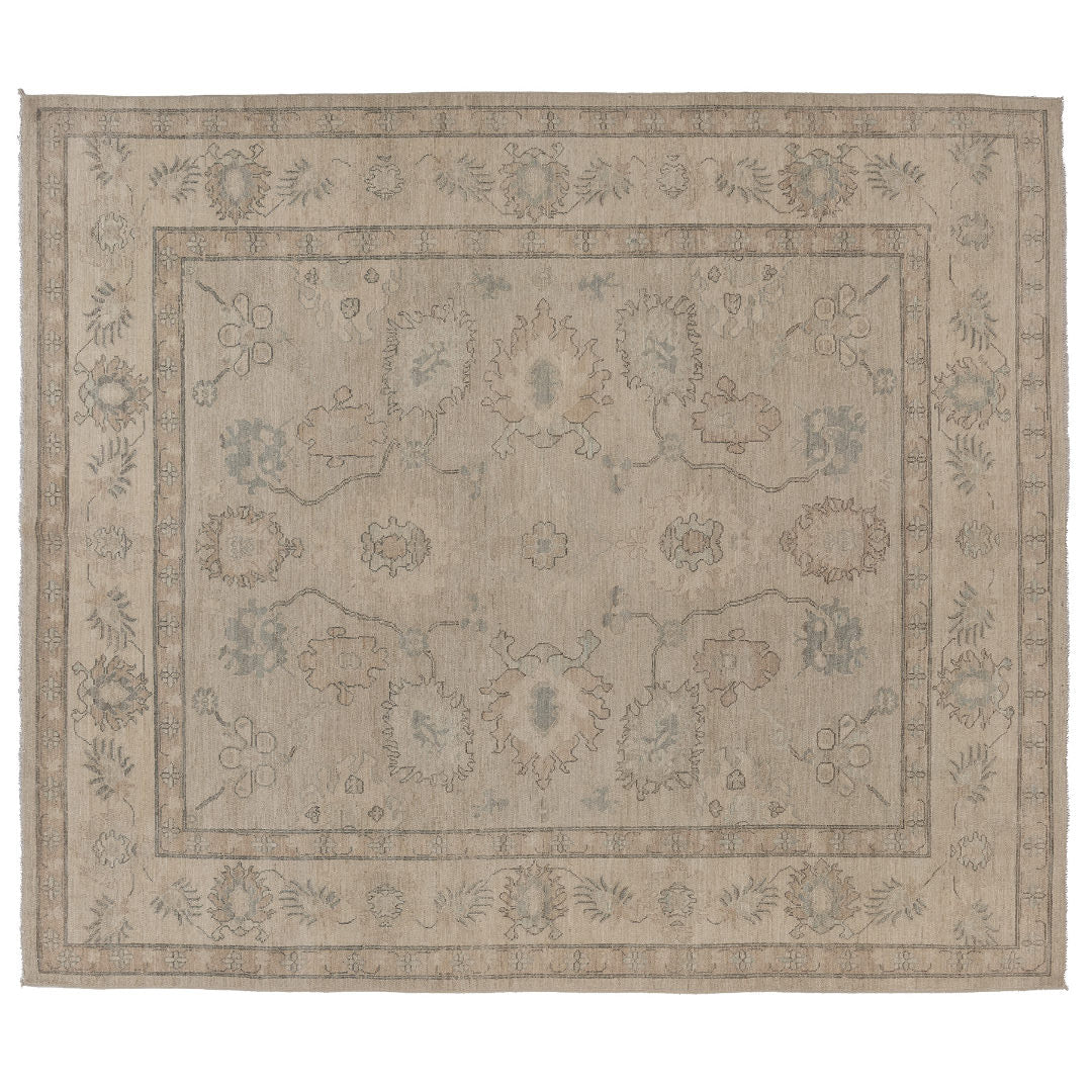 Hand-knotted 8x10 Oushak area rug with a warm khaki center field, soft ivory details, and light blue accents.
