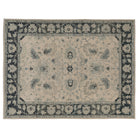 Hand-knotted 10x14 Oushak area rug with a light ivory center field, bold charcoal border, and soft blue accents.