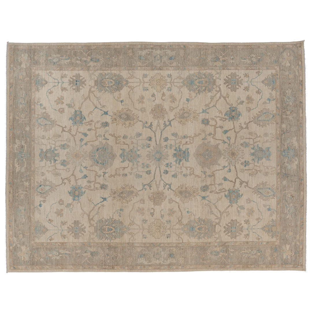 Hand-knotted 9x12 Oushak area rug with a bright ivory center field, detailed grey-taupe border, and soft aqua accents.