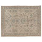 Hand-knotted 9x12 Oushak area rug with a bright ivory center field, detailed grey-taupe border, and soft aqua accents.