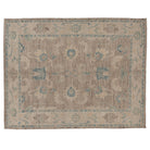 Hand-knotted 8x10 Oushak area rug with a rich mocha brown center field, soft Cerulean blue motifs, and a cream-beige border.