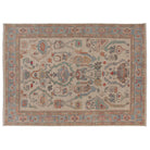 Hand-knotted 9x12 Oushak area rug with an ivory field, multi-color red and peach motifs, and a light blue border.