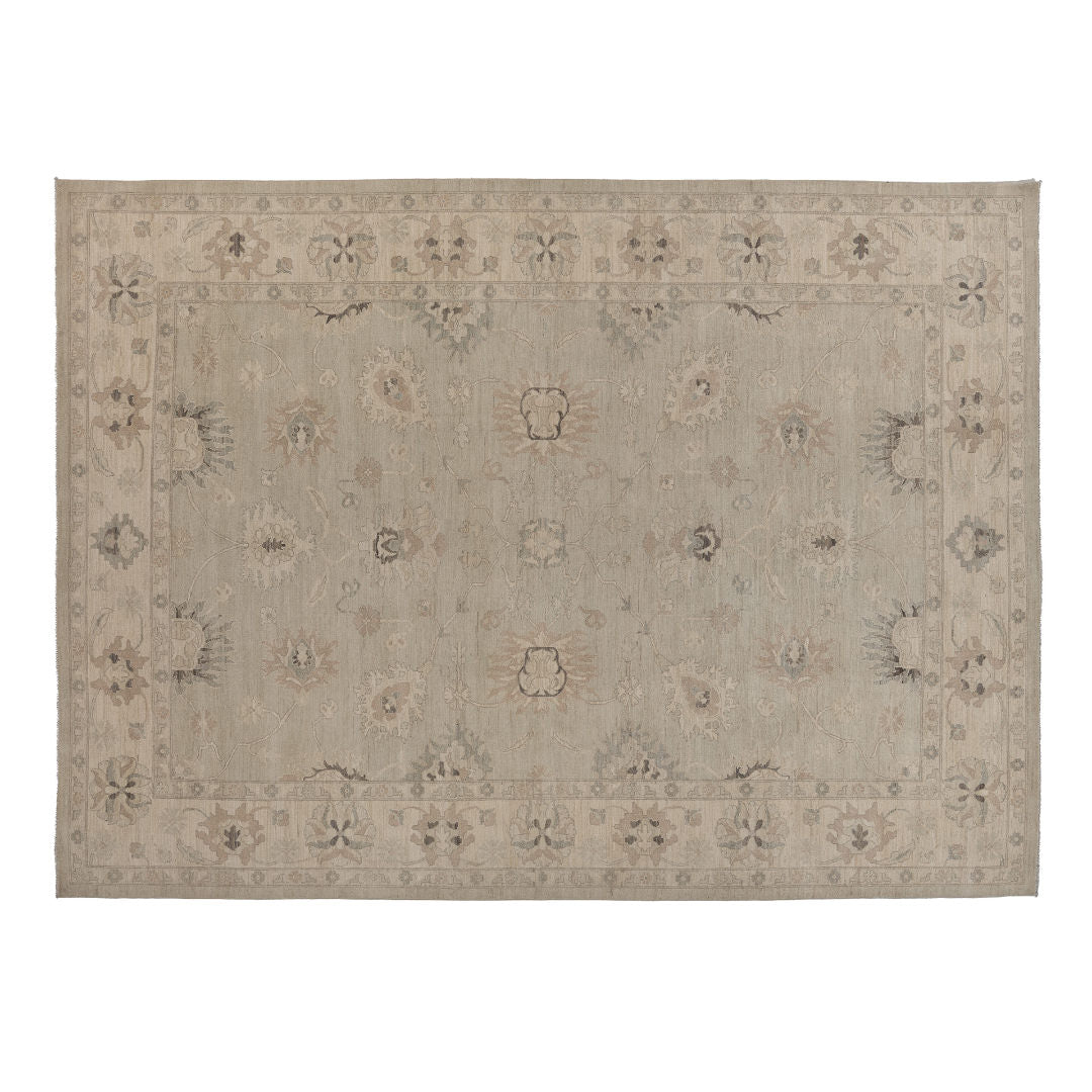 Muted beige 10x14 Oushak area rug with light green floral motifs and accents in shades of brown.