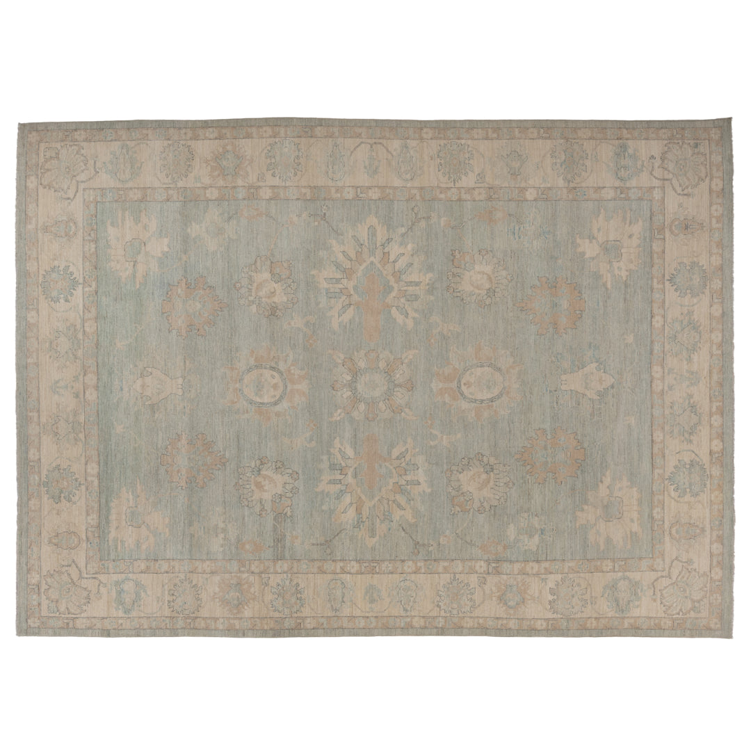 Hand-knotted 10x14 Oushak area rug with a muted aqua center field, warm camel details, and a soft ivory border.