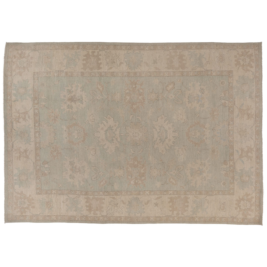 Hand-knotted 10x14 Oushak area rug with a muted greenish-aqua field, detailed taupe palmettes, and an ivory border.