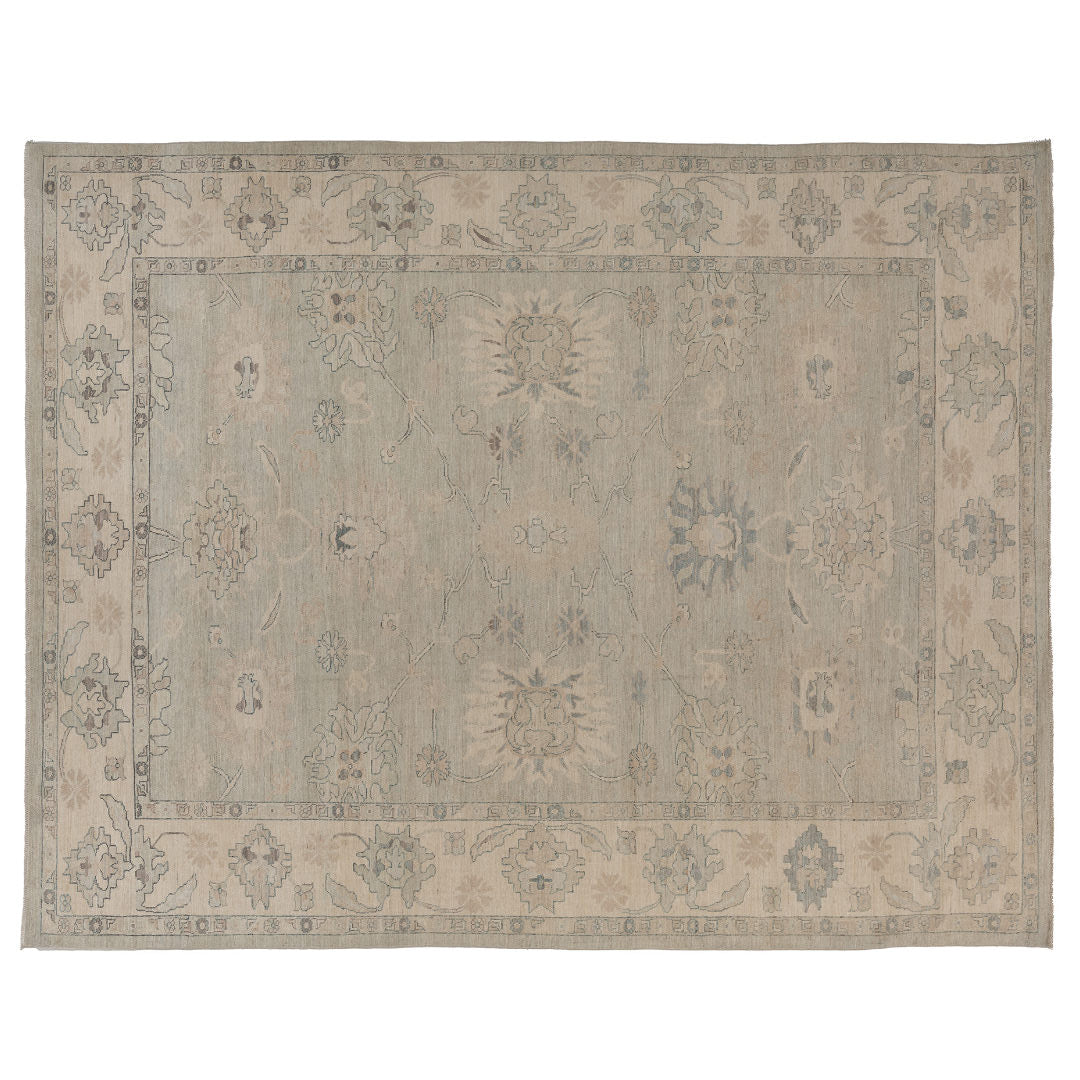 Hand-knotted 9x12 Oushak area rug with a muted greenish-blue field, soft camel palmettes, and an ivory border.