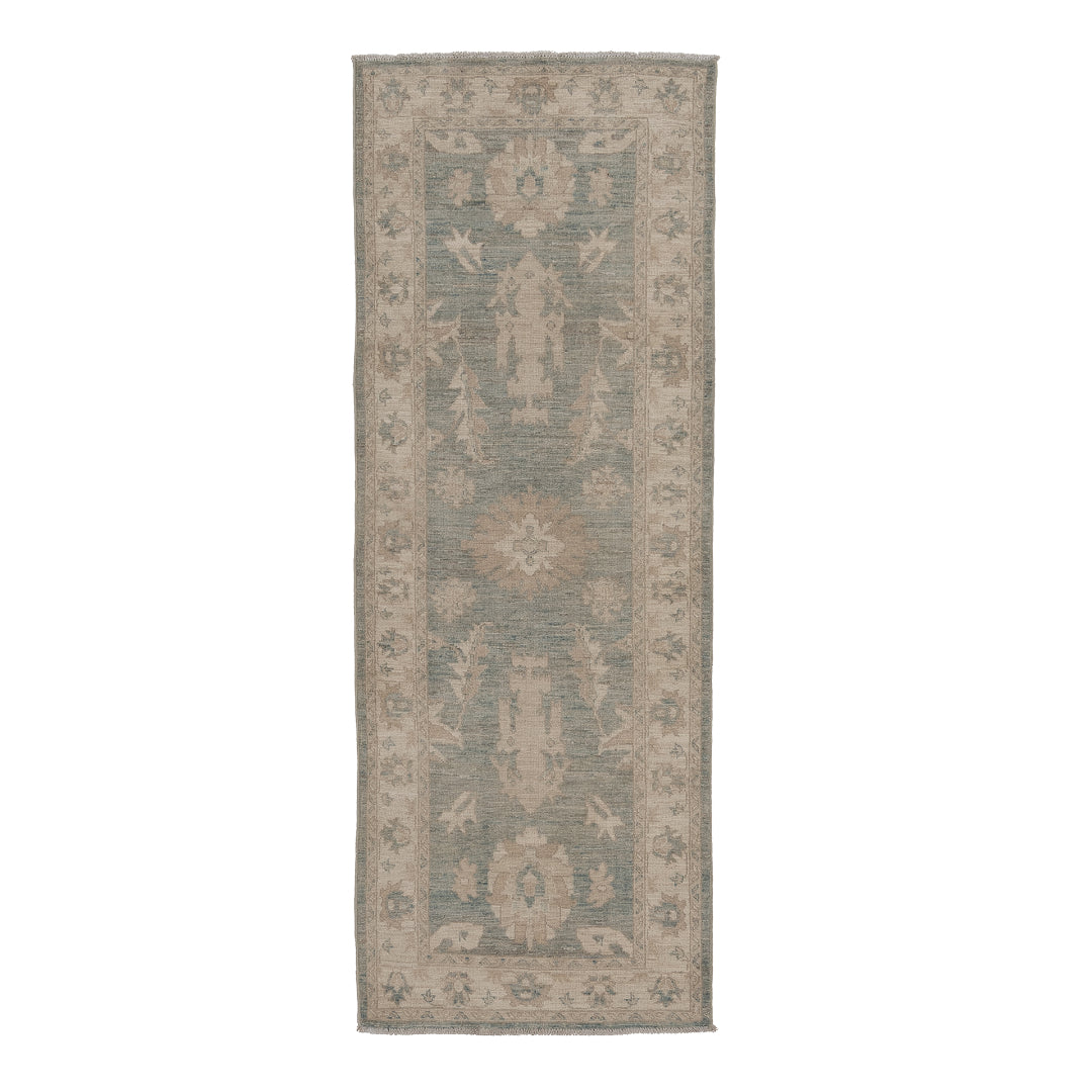 Sage green 2.5x8 Oushak runner rug with camel star cartouches and a warm beige floral border.