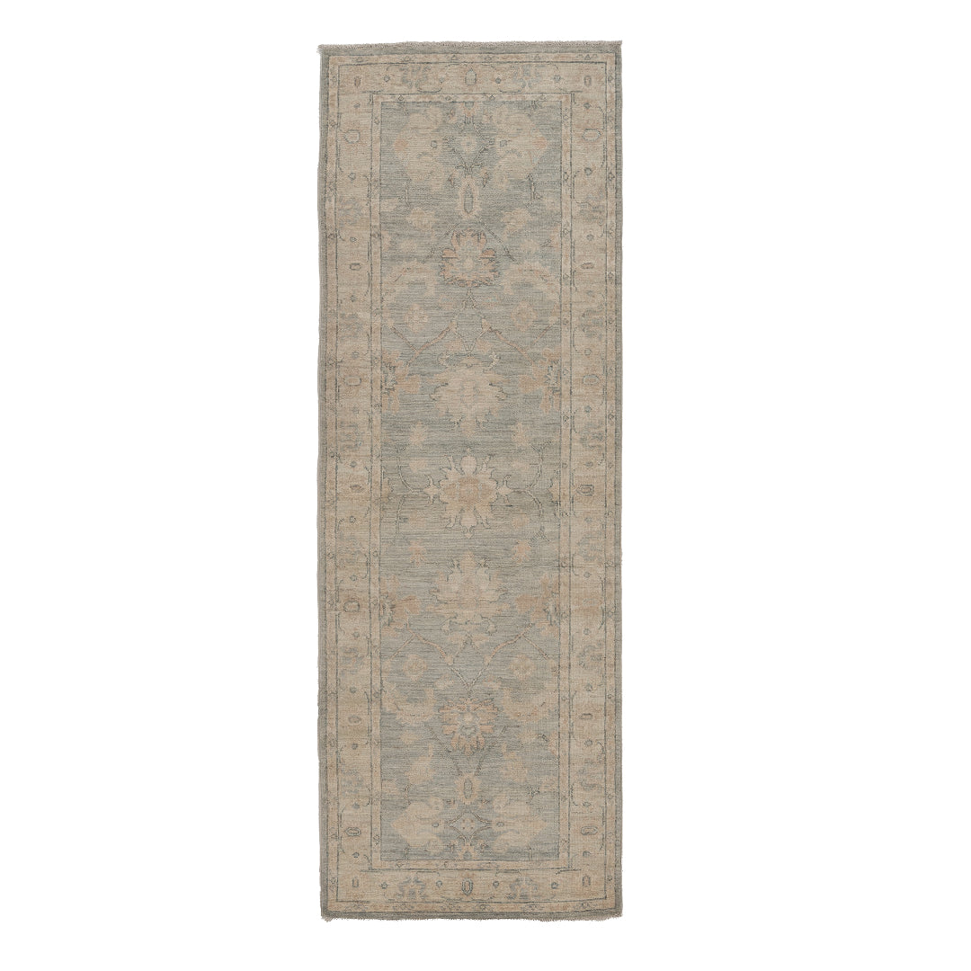 Soft light blue 2.5x10 Oushak runner rug with floating ivory floral lotus medallions and a wide cream border.
