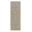 Soft light blue 2.5x10 Oushak runner rug with floating ivory floral lotus medallions and a wide cream border.