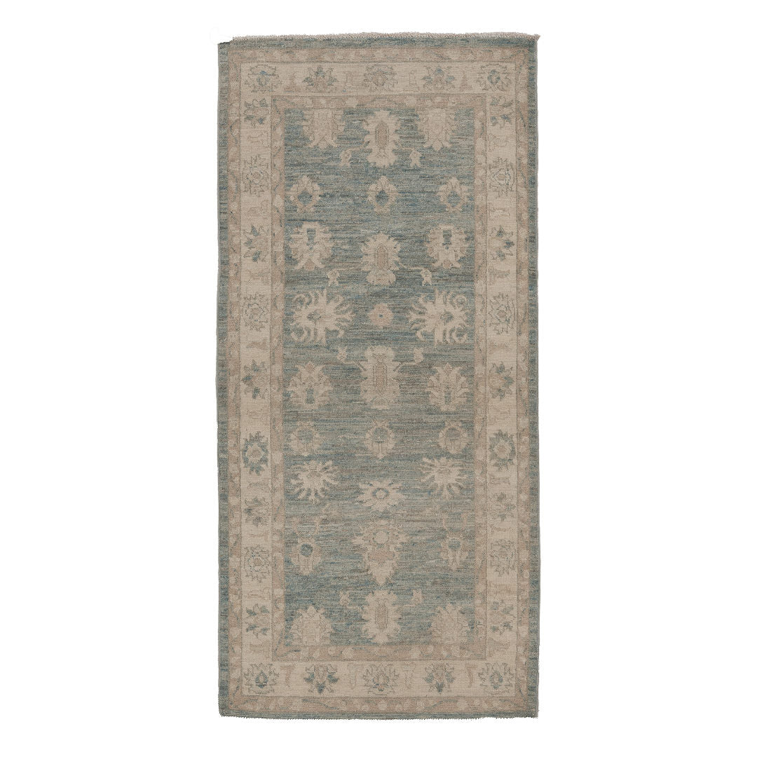 Sage green 2.5x8 Oushak runner rug with camel star cartouches and a warm beige floral border.