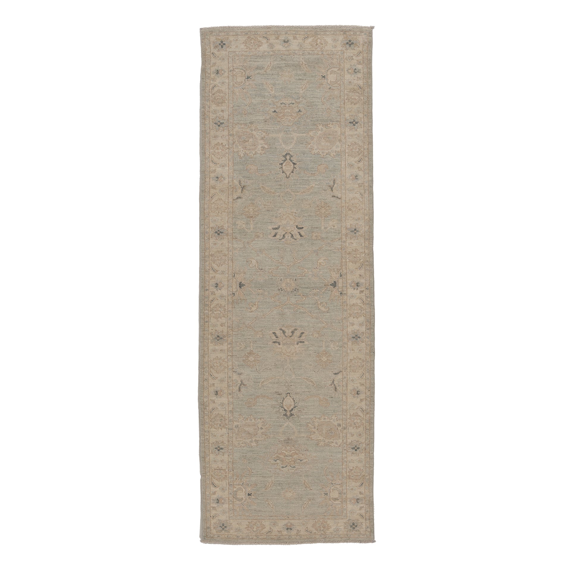 Soft light blue traditional Oushak runner rug with a muted beige floral border and distressed charcoal accents.