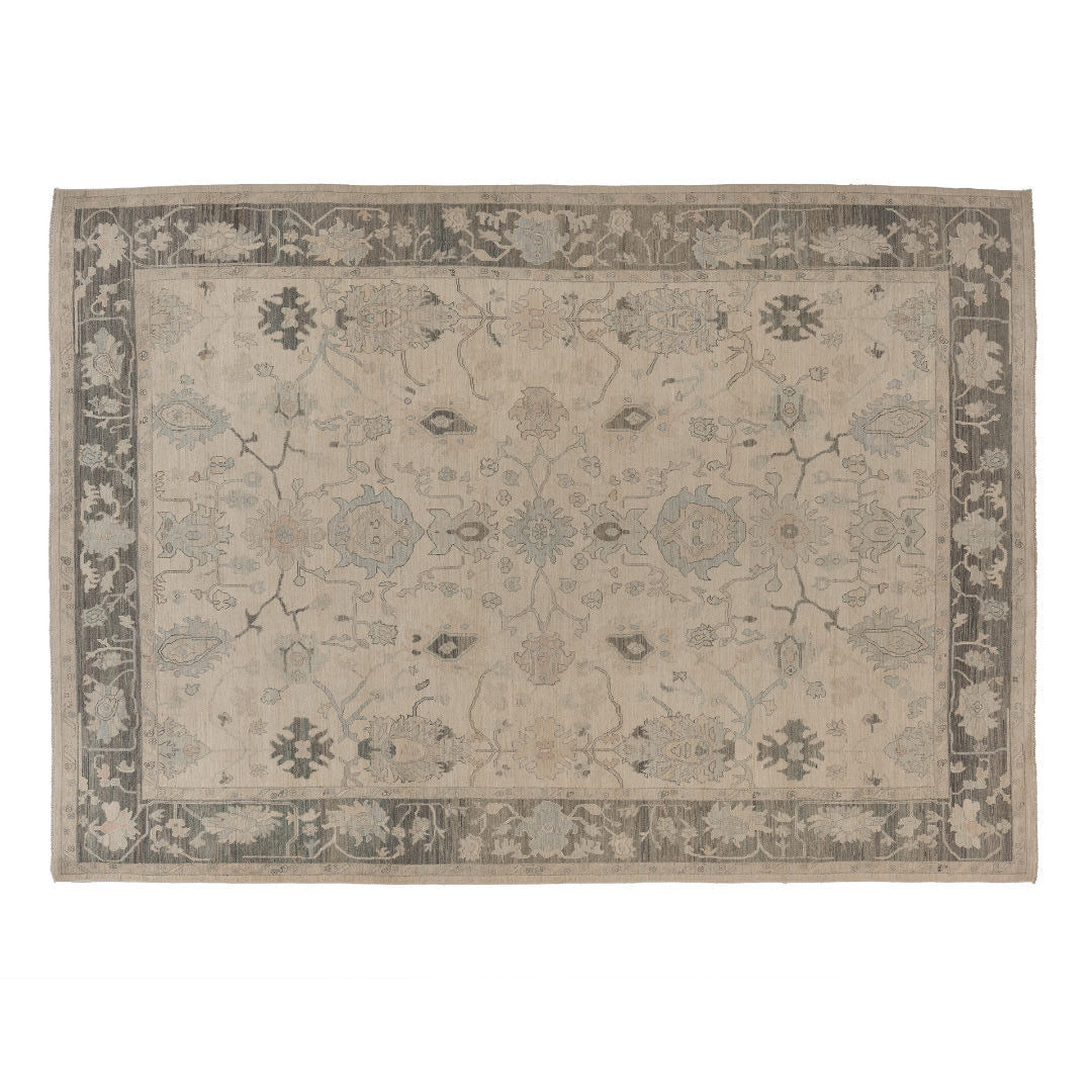 Cream 10x14 Oushak area rug with light blue floral medallions and a bold cocoa brown border.