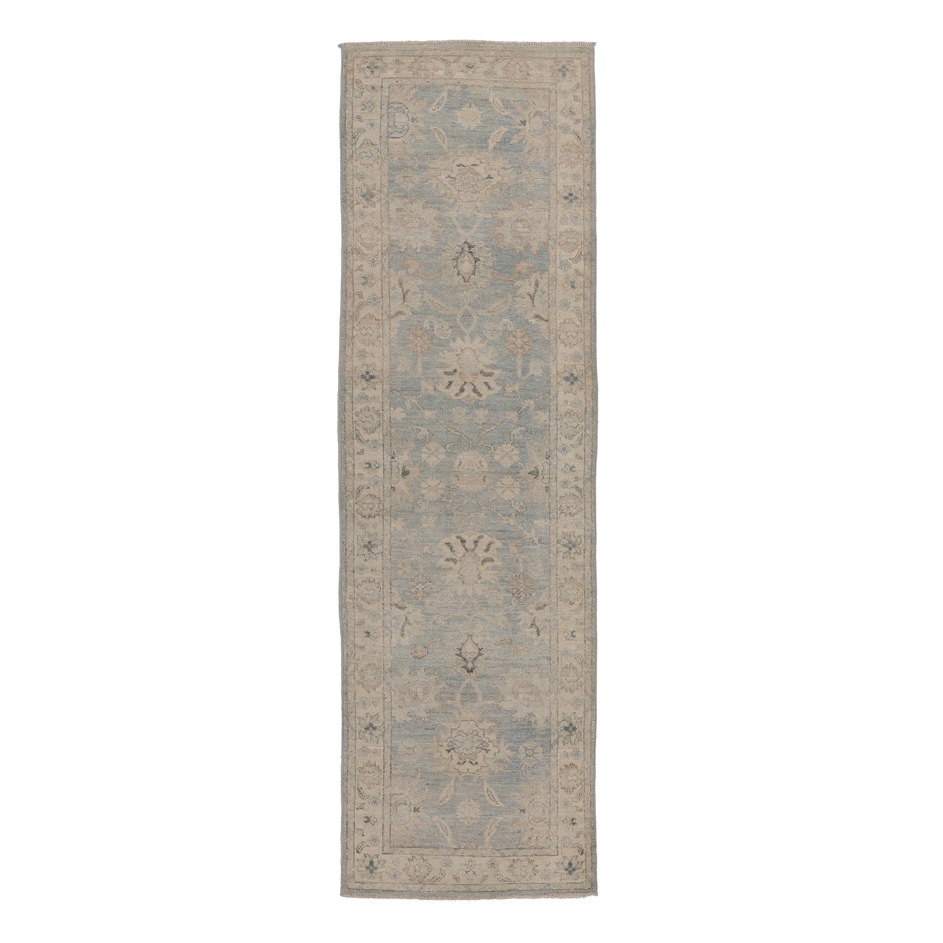 Muted traditional Oushak runner rug featuring a soft ice blue field, warm beige borders, and charcoal accents.